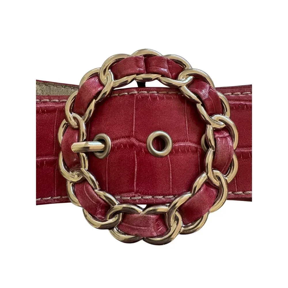 Vintage ‘00s Kathy Van Zeeland Red Faux Crocodile McBling Silver Buckle Belt